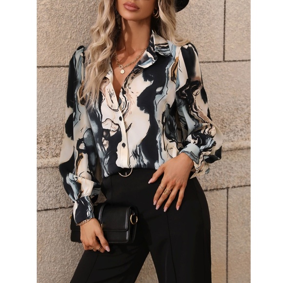 Marble Print Button Down Collared Long Sleeve Shirt Top Gray Beige - Picture 2 of 10